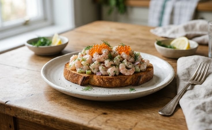 Open-Faced Shrimp Salad on Toast with Dill and Salmon Roe