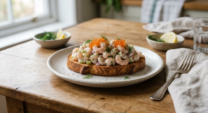Open-Faced Shrimp Salad on Toast with Dill and Salmon Roe