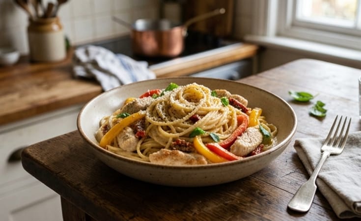 Creamy Chicken Spaghetti with Bell Pepper, Sun-Dried Tomato, and Parmesan