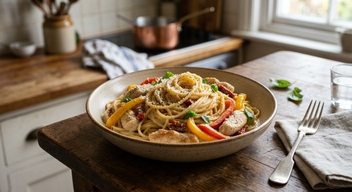 Creamy Chicken Spaghetti with Bell Pepper, Sun-Dried Tomato, and Parmesan