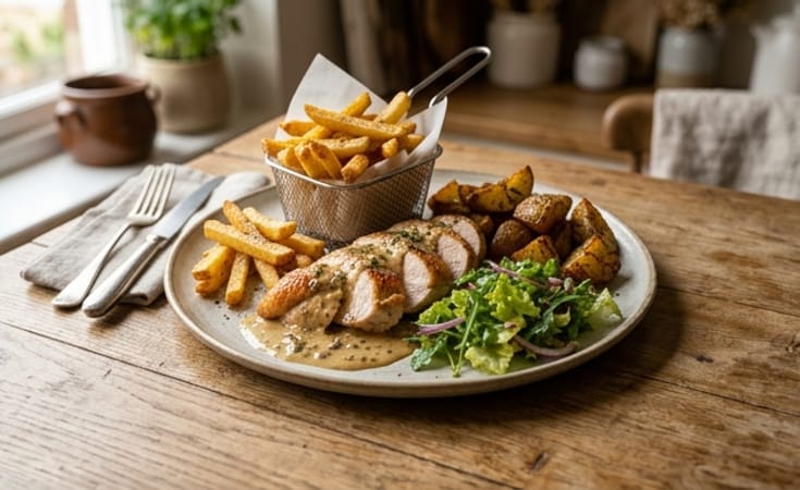 Poulet Rôti, Sauce Moutarde à la Crème, Pommes Frites, Pommes Rôties et Salade Verte