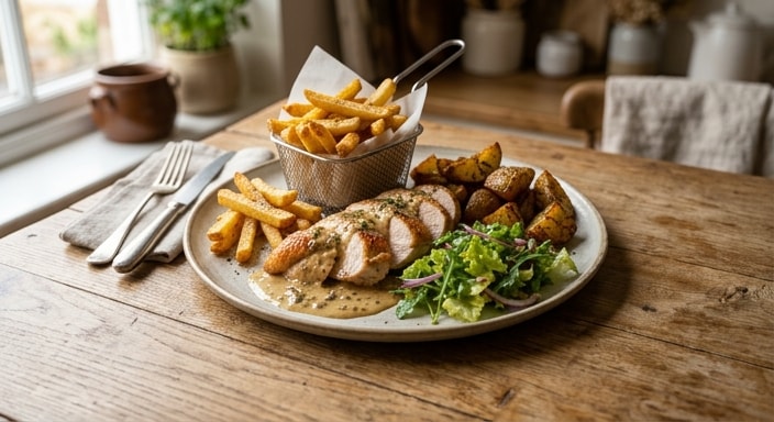 Poulet Rôti, Sauce Moutarde à la Crème, Pommes Frites, Pommes Rôties et Salade Verte