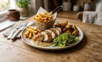 Poulet Rôti, Sauce Moutarde à la Crème, Pommes Frites, Pommes Rôties et Salade Verte