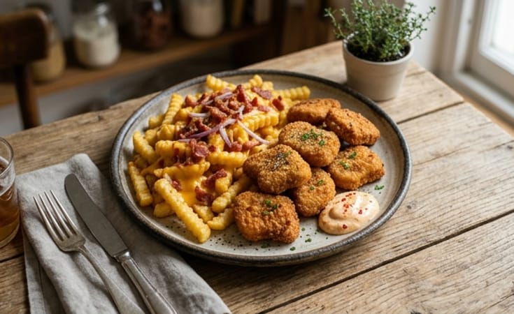 Breaded Chicken Nuggets with Loaded Crinkle-Cut Fries, Cheddar Sauce, Bacon, and Chili Mayonnaise