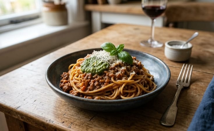 Spaghetti Bolognese with Basil Pesto and Cheese