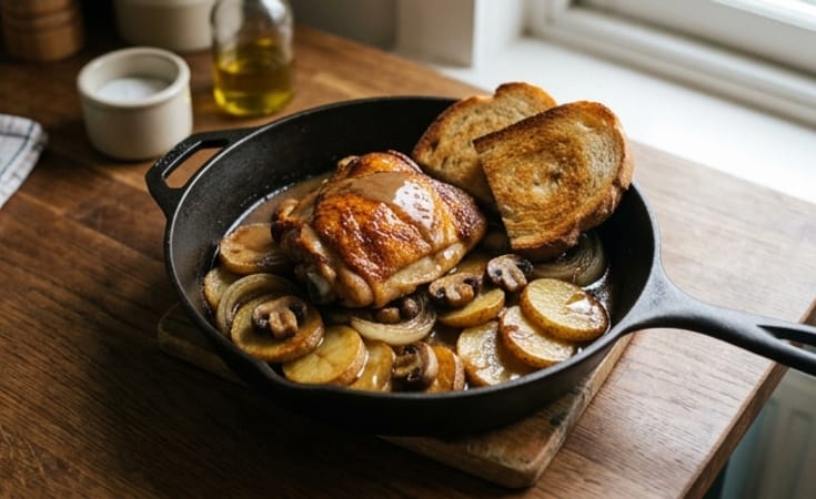 Roasted Chicken Thigh with Potatoes, Onions, Mushrooms, and Gravy