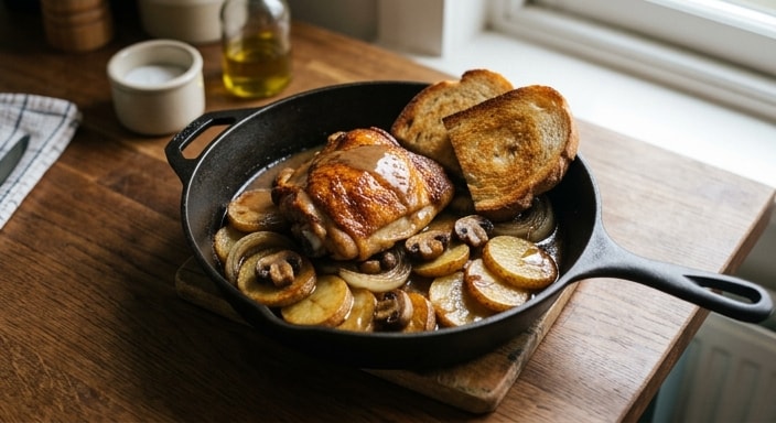 Roasted Chicken Thigh with Potatoes, Onions, Mushrooms, and Gravy