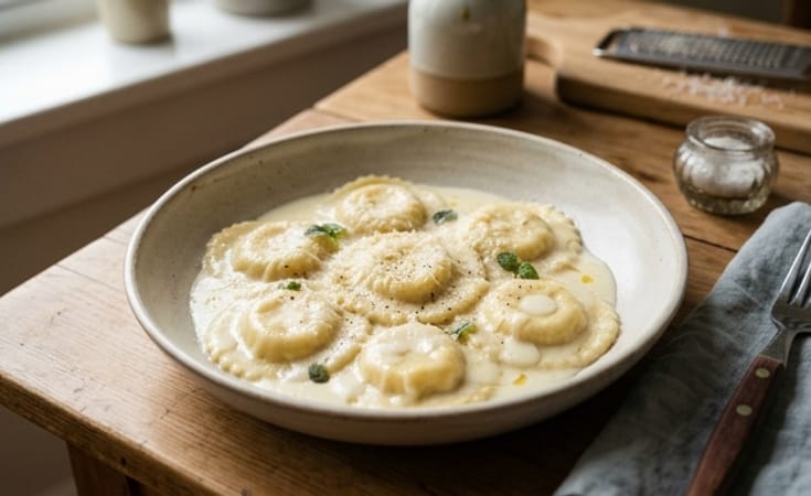 Cheese Ravioli with Alfredo Cream, Parmesan, and Mozzarella