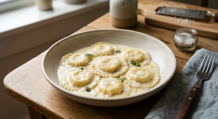 Cheese Ravioli with Alfredo Cream, Parmesan, and Mozzarella