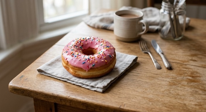 Pienk geglasuurde ringdoughnut met reënboogsprinkels