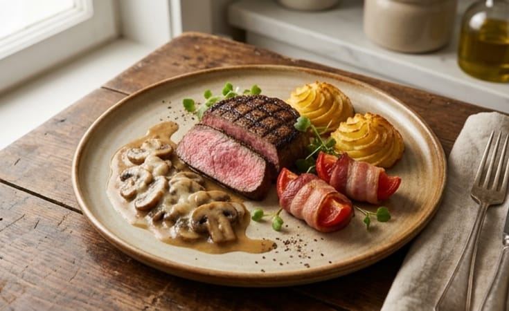 Grilled Beef Steak with Mushroom-Cheese Jus, Duchess Potato, and Bacon-Wrapped Garnish