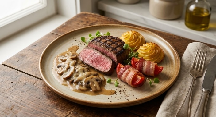 Grilled Beef Steak with Mushroom-Cheese Jus, Duchess Potato, and Bacon-Wrapped Garnish
