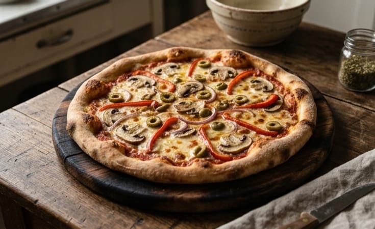 Mushroom, Green Olive, and Mozzarella Pizza