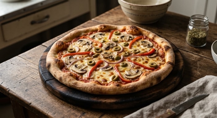 Mushroom, Green Olive, and Mozzarella Pizza