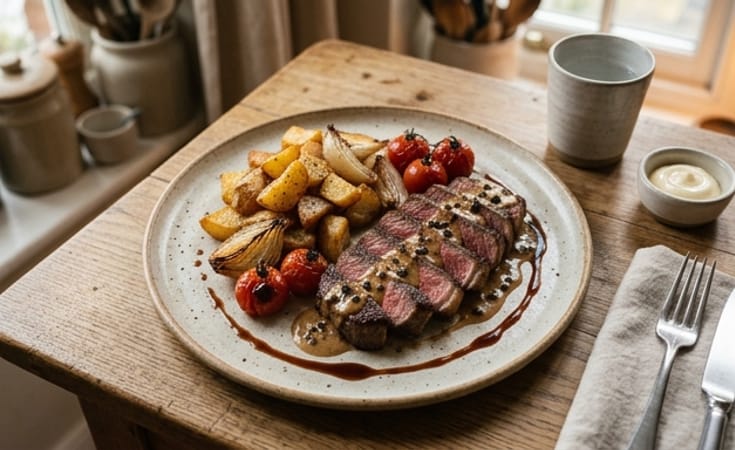 Steak Frites with Peppercorn Cream, Red Wine Jus, Roasted Onion, and Cherry Tomato