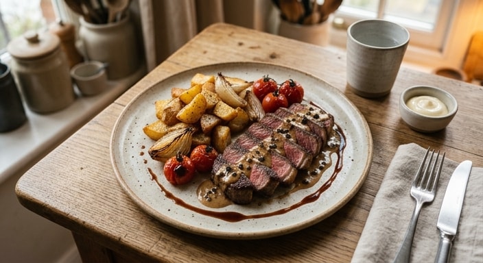 Steak Frites with Peppercorn Cream, Red Wine Jus, Roasted Onion, and Cherry Tomato