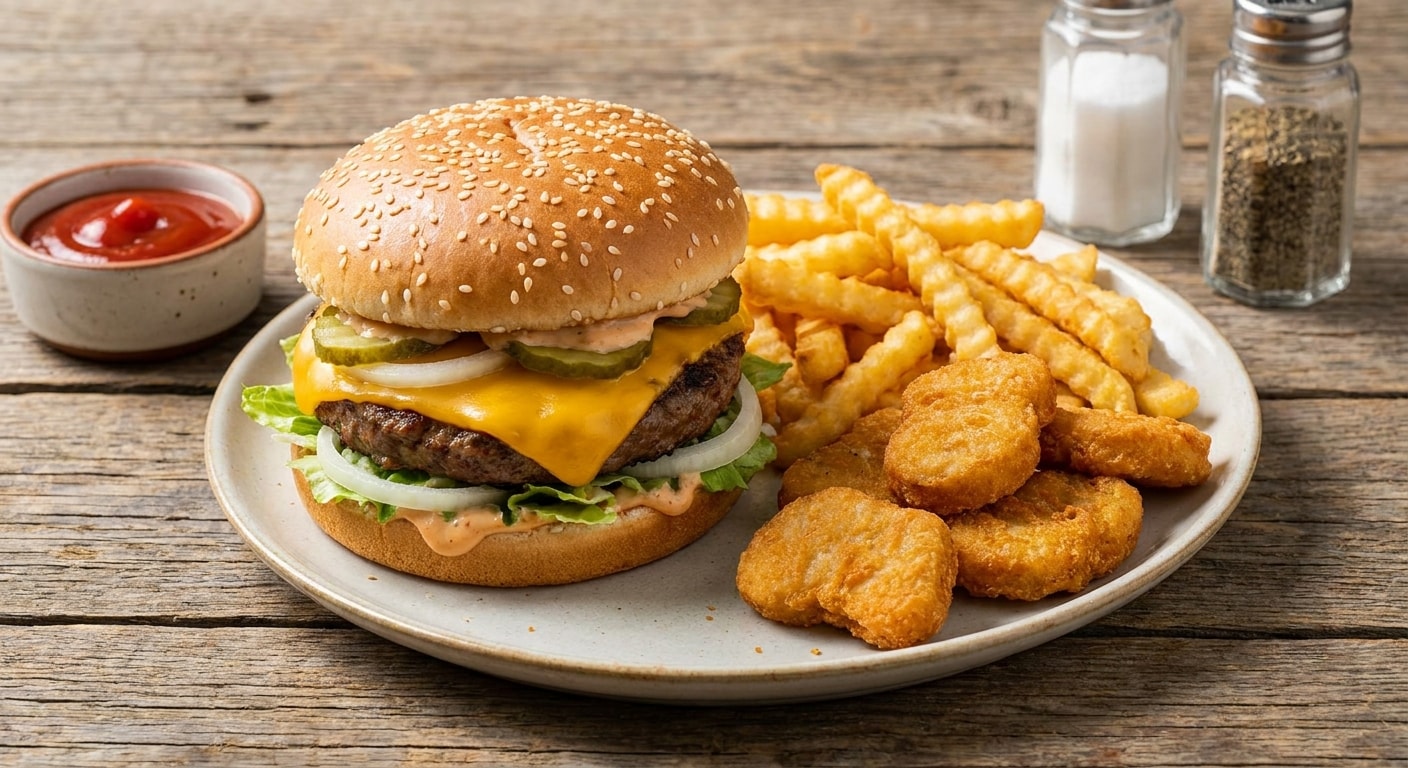 Cheeseburger with Fries and Chicken Nuggets
