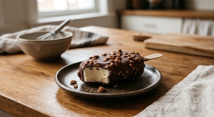 Vanieljeroomysstafie met sjokoladelaag en amandelstukkies