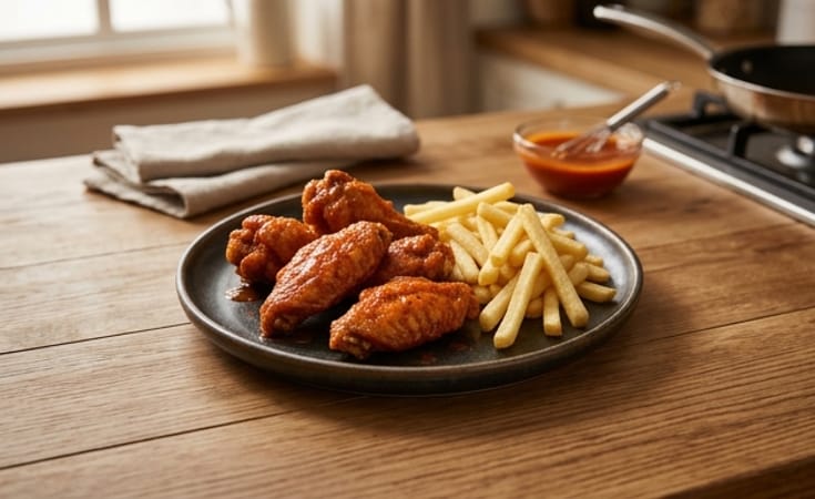 Buffalo Fried Chicken Wings with Crisp French Fries