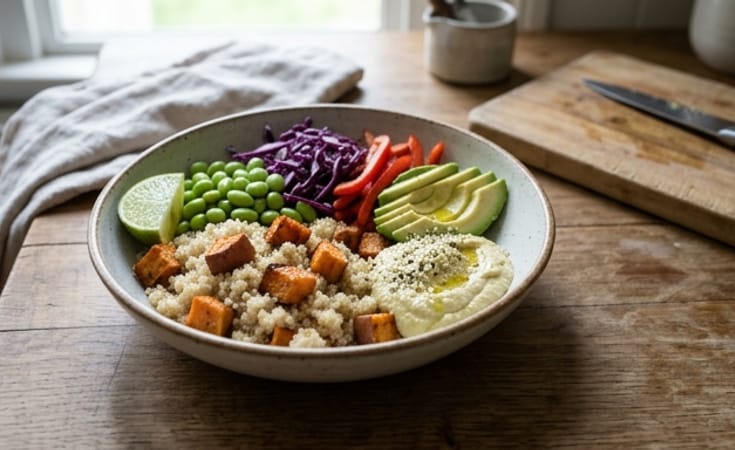 Roasted Sweet Potato Quinoa Bowl with Avocado, Edamame, and Lime Hummus
