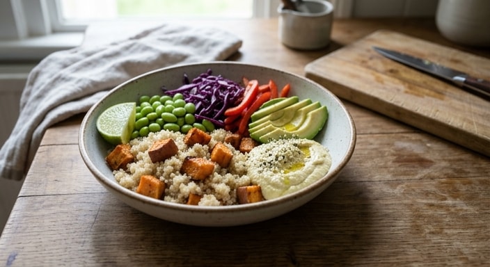 Roasted Sweet Potato Quinoa Bowl with Avocado, Edamame, and Lime Hummus