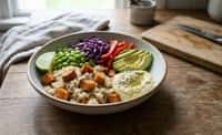Roasted Sweet Potato Quinoa Bowl with Avocado, Edamame, and Lime Hummus