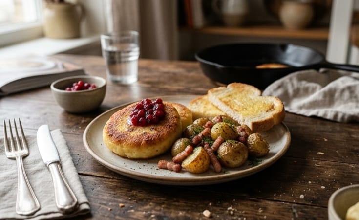 Pan-Fried Potato Dumpling with Bacon, Roasted Baby Potatoes, Lingonberry, and Buttered White Bread