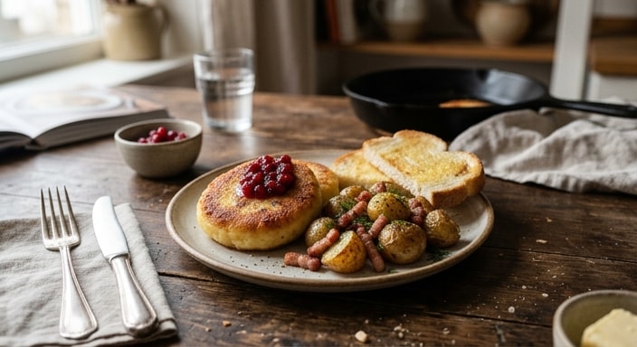 Pangebraaide aartappelkluitjie met rooibessie, geroosterde baba-aartappels, spek en gebotterde witbrood