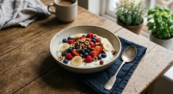 Berry Banana Yogurt Bowl with Toasted Hazelnuts
