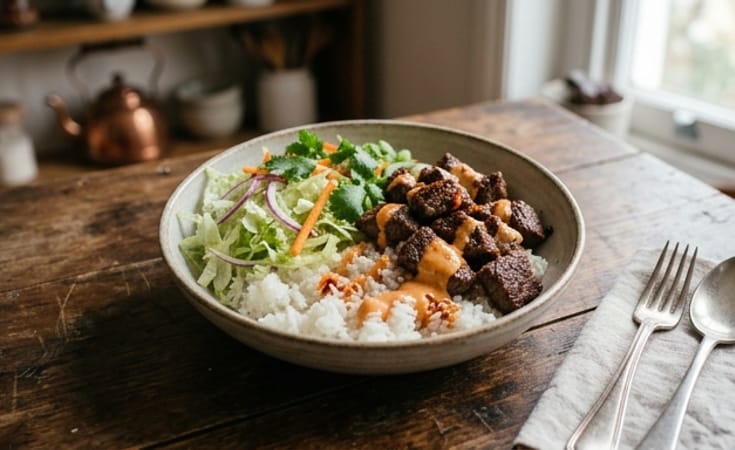 Beef Rice Bowl with Lettuce, Red Onion, and Creamy Chili Orange Sauce