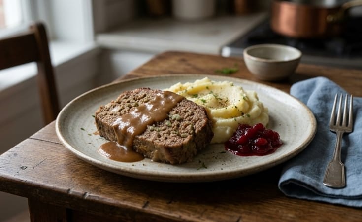 Classic Beef Meatloaf with Brown Gravy, Mashed Potato, and Cranberry Sauce