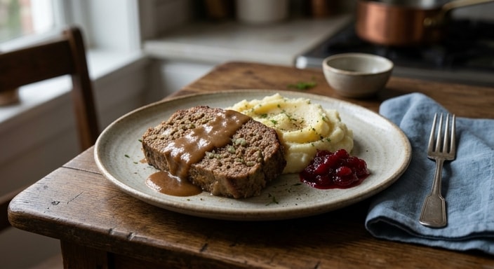 Classic Beef Meatloaf with Brown Gravy, Mashed Potato, and Cranberry Sauce
