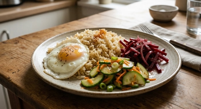 Garden Rice with Egg, Beet, and Cucumber Salads