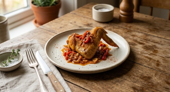 Trozos de alitas de pollo fritas con salsa de pimiento y cebolla