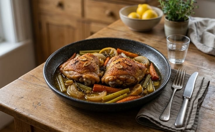 Roasted Chicken Thighs with Carrot, Onion, Celery, and Lemon Pan Juices