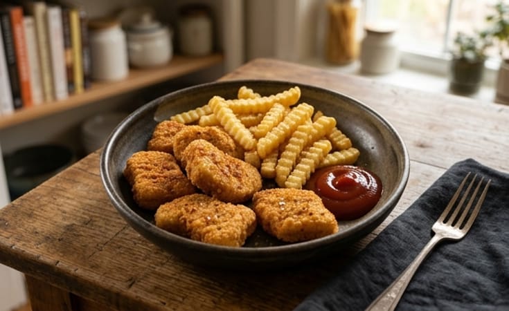 Chicken Nuggets with Crinkle-Cut Potatoes and Ketchup
