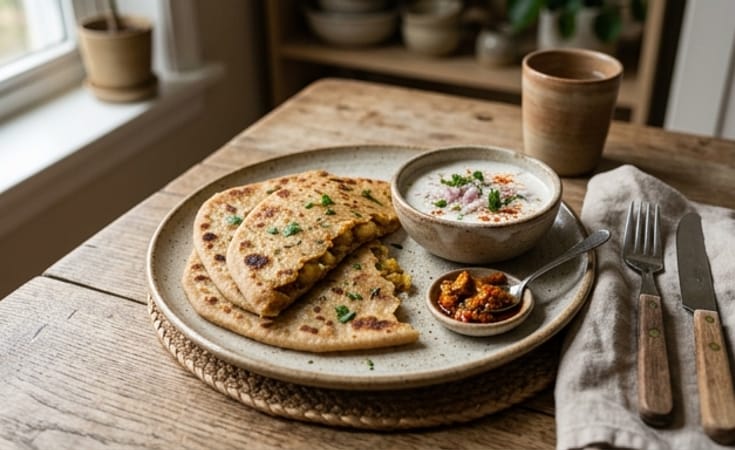 Aloo Paratha with Onion Raita and Pickle