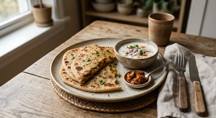 Aloo paratha sipuliraidan ja pikkelin kanssa