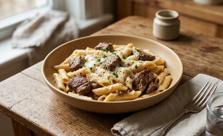 Penne with Braised Beef, Cream, and Melted Cheese