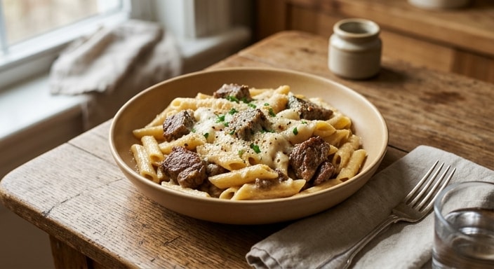 Penne with Braised Beef, Cream, and Melted Cheese