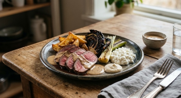Roast Beef with Potato Wedges, Charred Cabbage, Grilled Leek, Cottage Cheese, Aioli, and Creamy Pepper Sauce