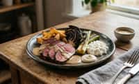 Roast Beef with Potato Wedges, Charred Cabbage, Grilled Leek, Cottage Cheese, Aioli, and Creamy Pepper Sauce