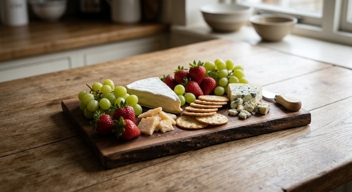 Juustuvalik roheliste viinamarjade, maasikate, ümarkreekerite, brie, sinihallitusjuustu ja parmesaniga