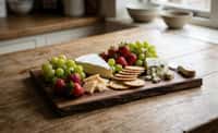 Autumn Cheese Board with Green Grapes, Strawberries, and Aged Cheeses