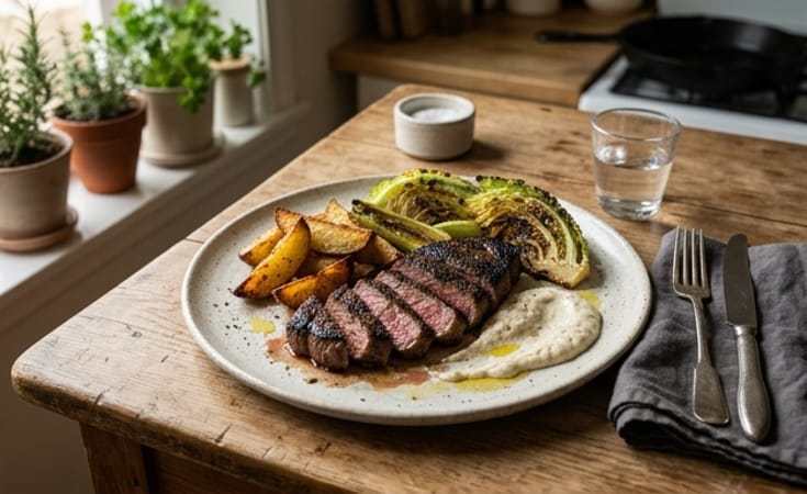 Charred Beef Steak with Potato Wedges, Grilled Cabbage, Leek, Creamy Horseradish Sauce