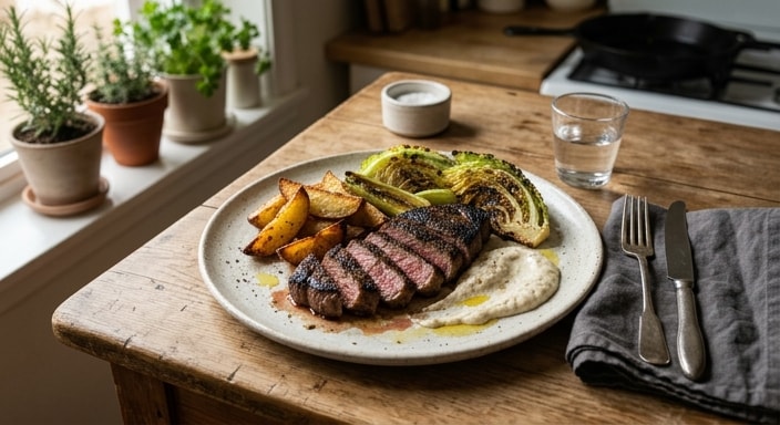 Charred Beef Steak with Potato Wedges, Grilled Cabbage, Leek, Creamy Horseradish Sauce