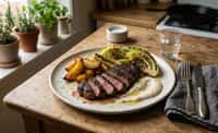 Charred Beef Steak with Potato Wedges, Grilled Cabbage, Leek, Creamy Horseradish Sauce