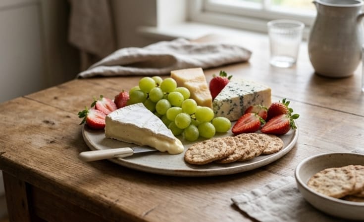 A Trio of Cheeses with Grapes, Strawberries, and Crisp Crackers