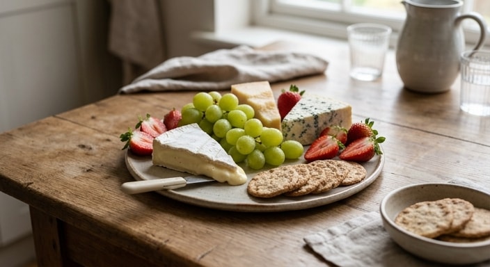 Juustuvalik roheliste viinamarjade, maasikate, kreekerite, brie, sinihallitusjuustu ja parmesaniga