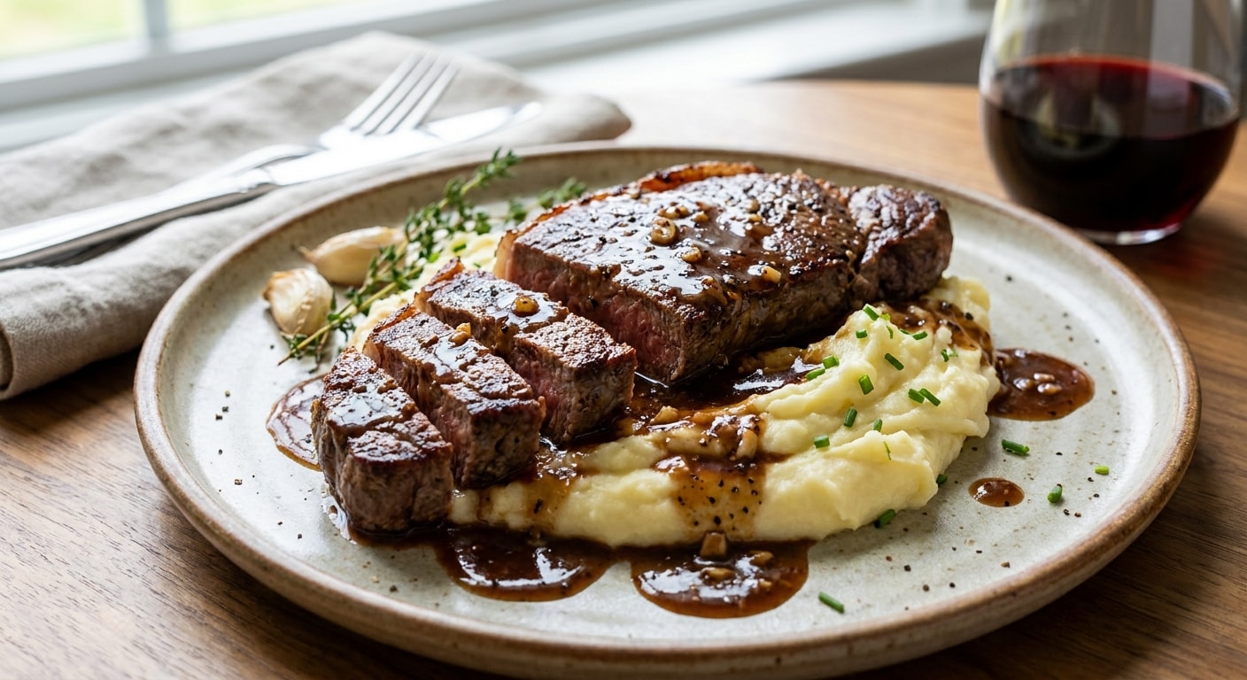 Steak with Mashed Potatoes and Red Wine Pan Sauce